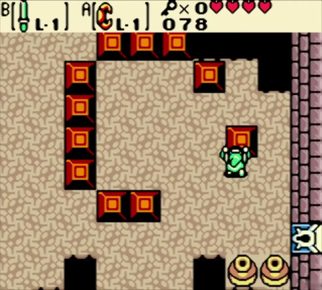 Link pushing a block in the room before the boss door Link pushing a block in the room before the boss door