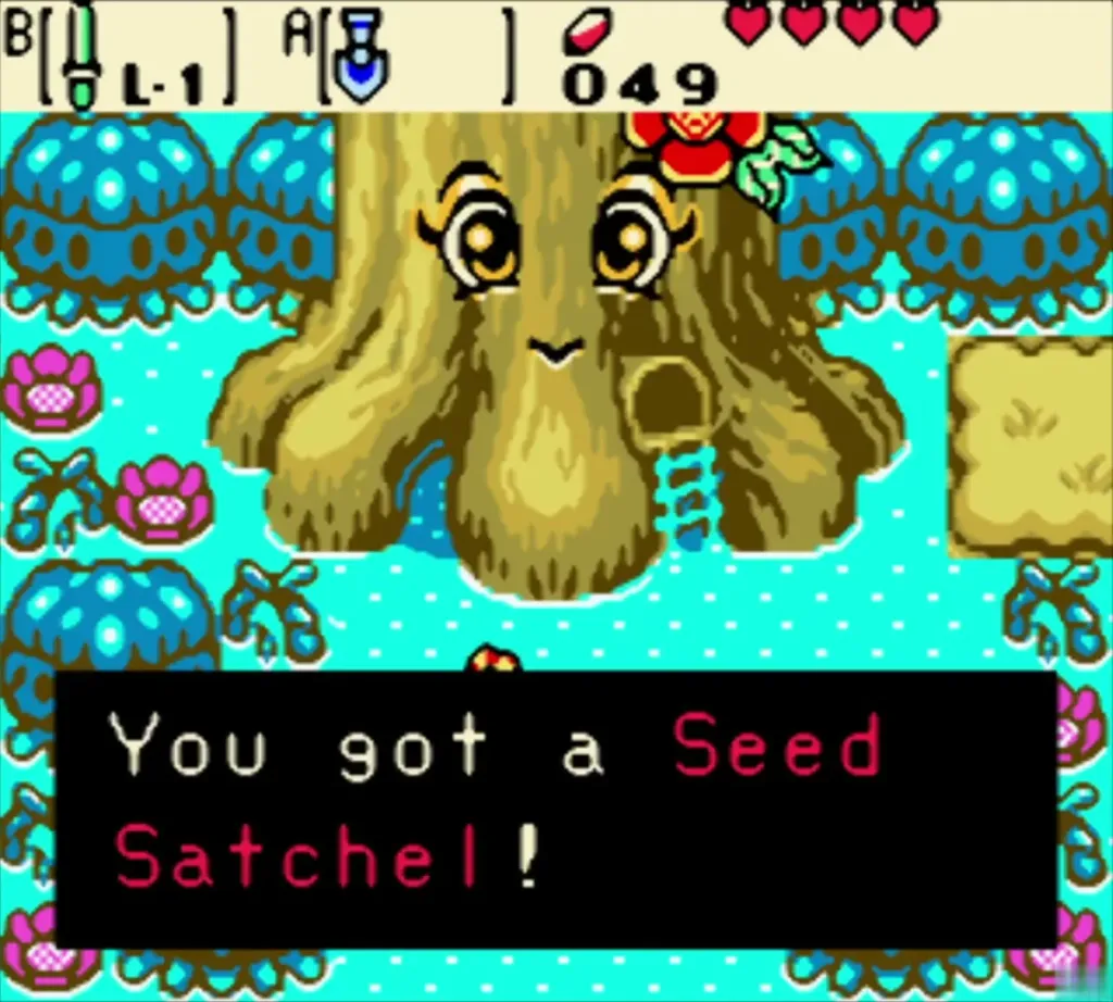 The You got a Seed Satchel message in front of the Maku Tree The You got a Seed Satchel message in front of the Maku Tree
