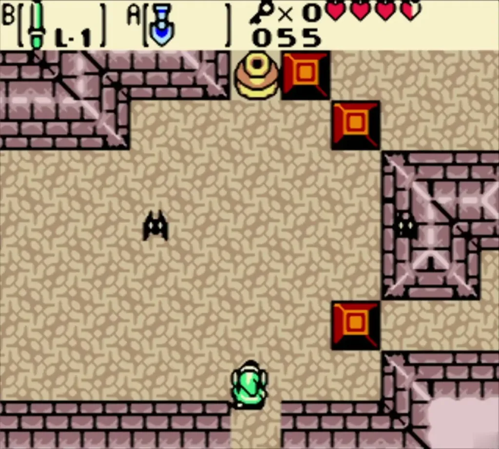 Link entering the next room with Keese and a movable block Link entering the next room with Keese and a movable block