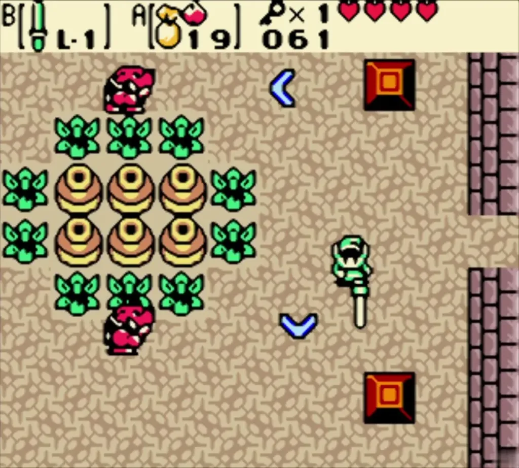 Link facing two red Moblins beside a ring of pots and sprouts Link facing two red Moblins beside a ring of pots and sprouts
