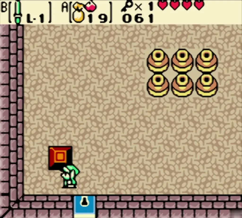 Link beside a block next to the locked south door Link beside a block next to the locked south door