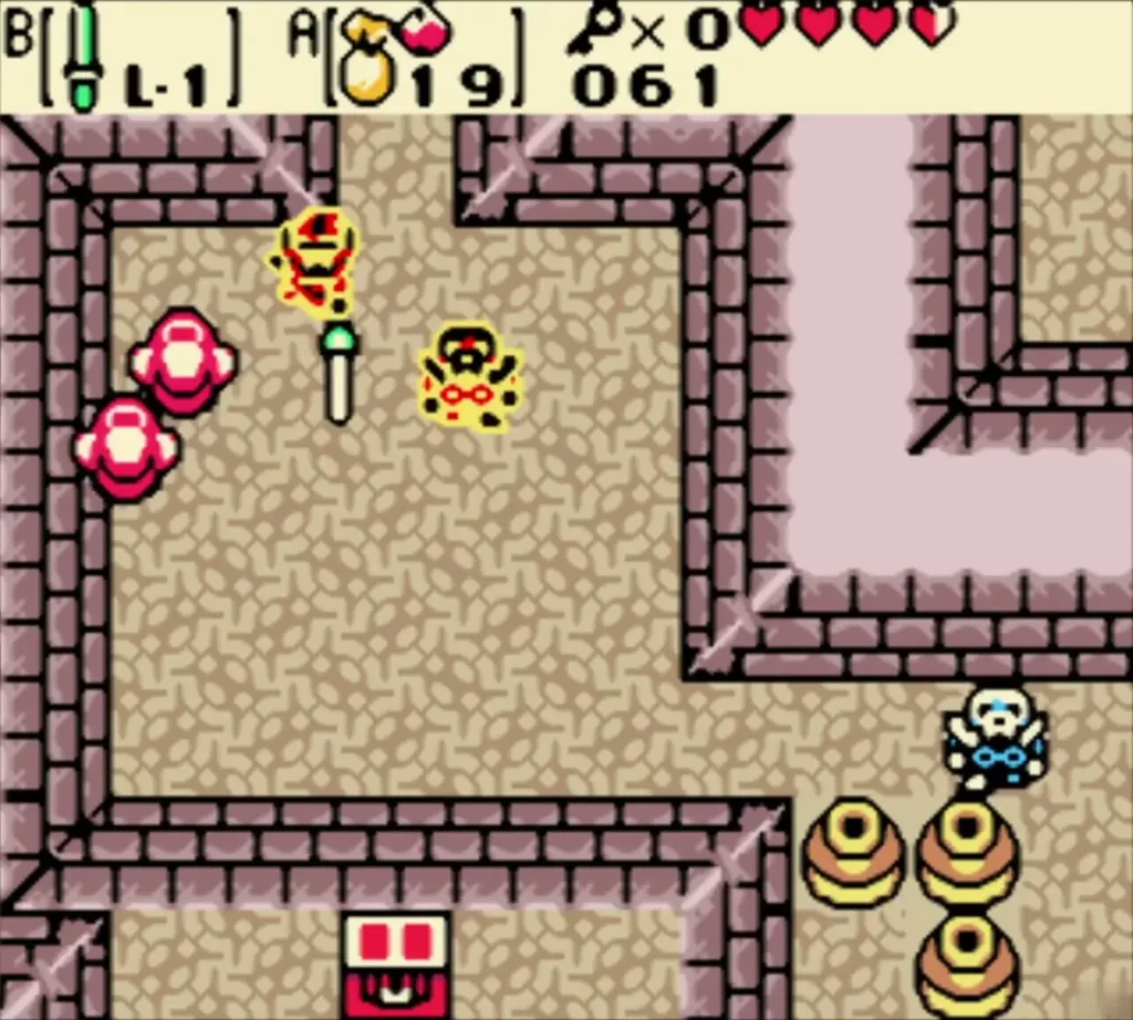 Link fighting enemies near a Stalfos in a corridor room Link fighting enemies near a Stalfos in a corridor room