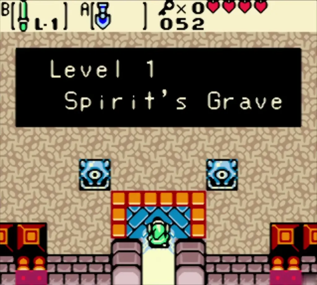 Link in the doorway with the Level 1 Spirit's Grave title card Link in the doorway with the Level 1 Spirit's Grave title card