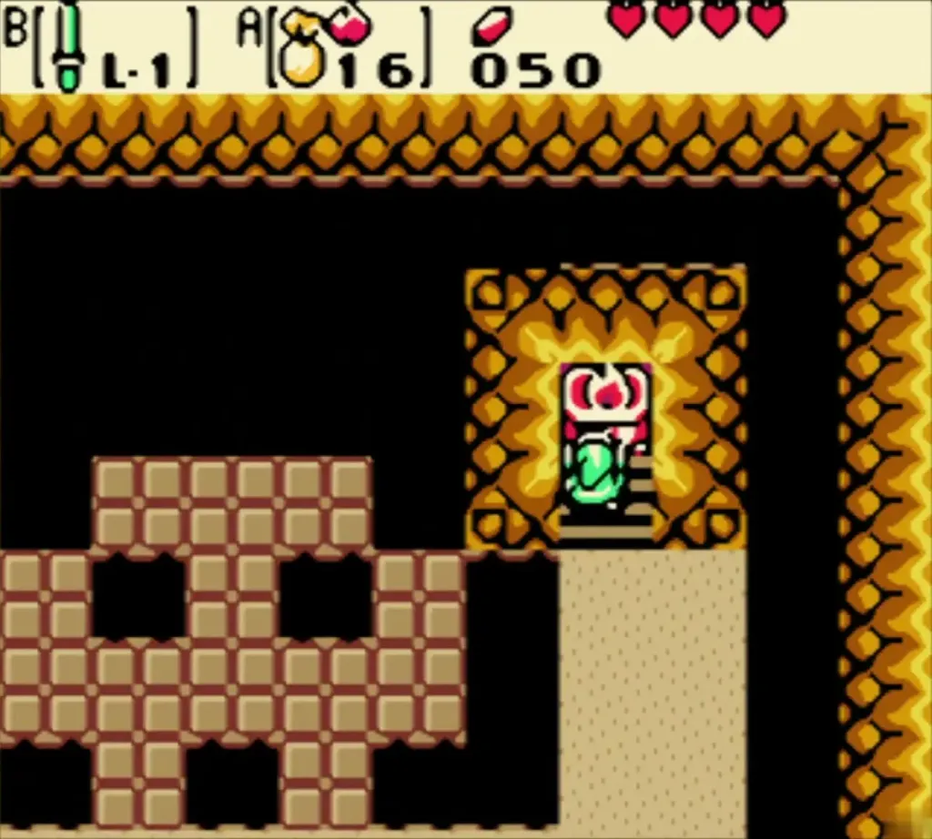 Link on the stairs by the stone-block floor in the cave Link on the stairs by the stone-block floor in the cave