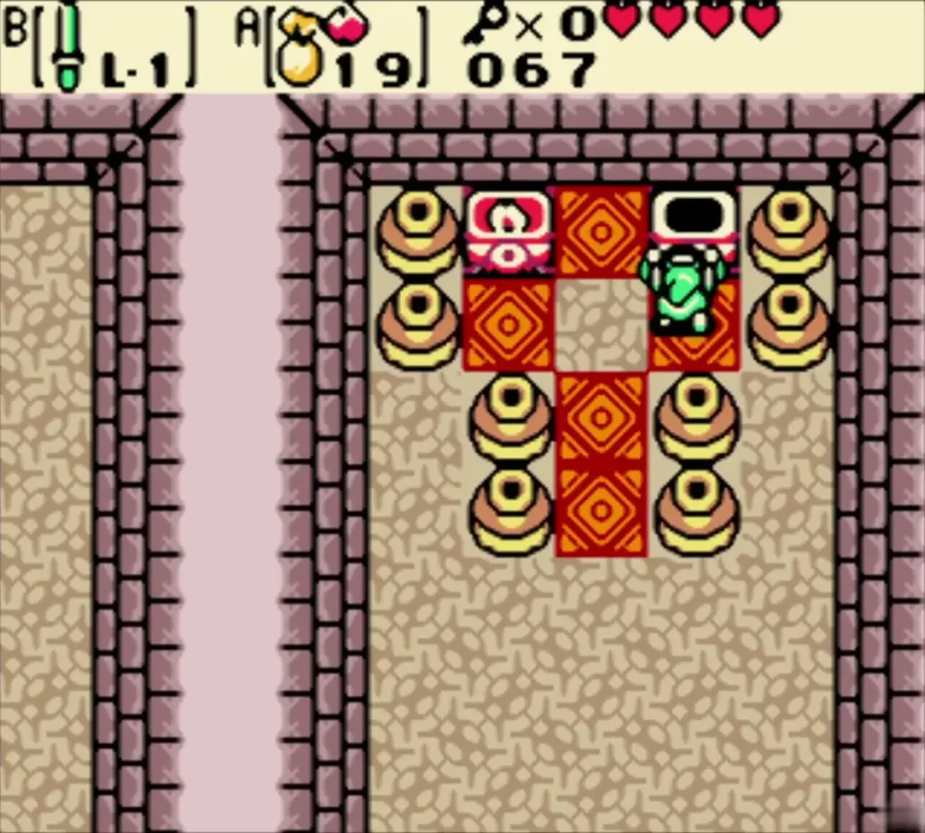 Link on the staircase revealed on the red tiles between pots Link on the staircase revealed on the red tiles between pots