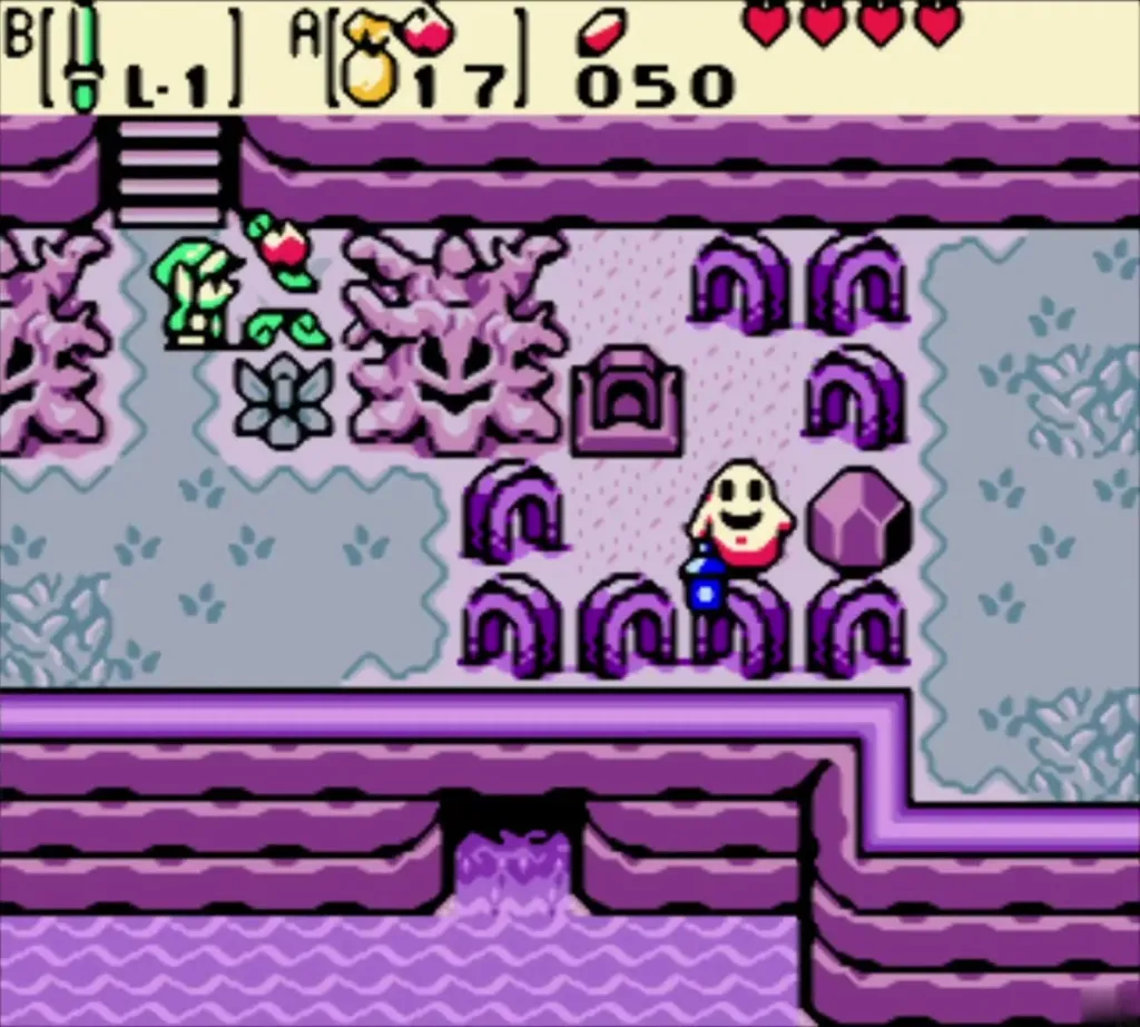 Link at the top of Yoll Graveyard with a ghost floating among the graves Link at the top of Yoll Graveyard with a ghost floating among the graves
