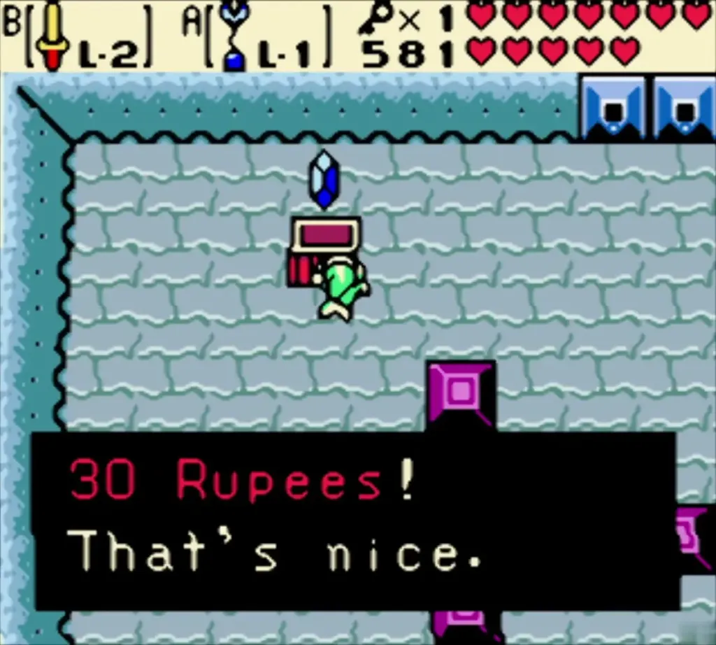 Link beside the chest in the blue-grey room, with the box reading 30 Rupees! That's nice. Link beside the chest in the blue-grey room, with the box reading 30 Rupees! That's nice.