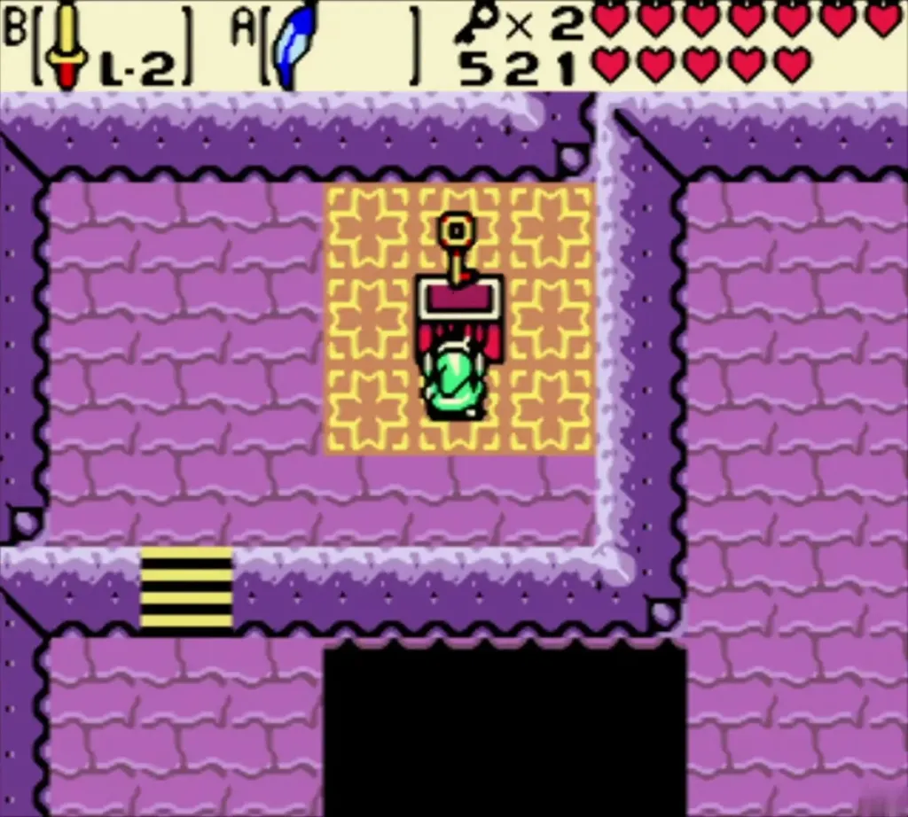 Link at the gold-tiled alcove chest, with a Small Key rising above it Link at the gold-tiled alcove chest, with a Small Key rising above it