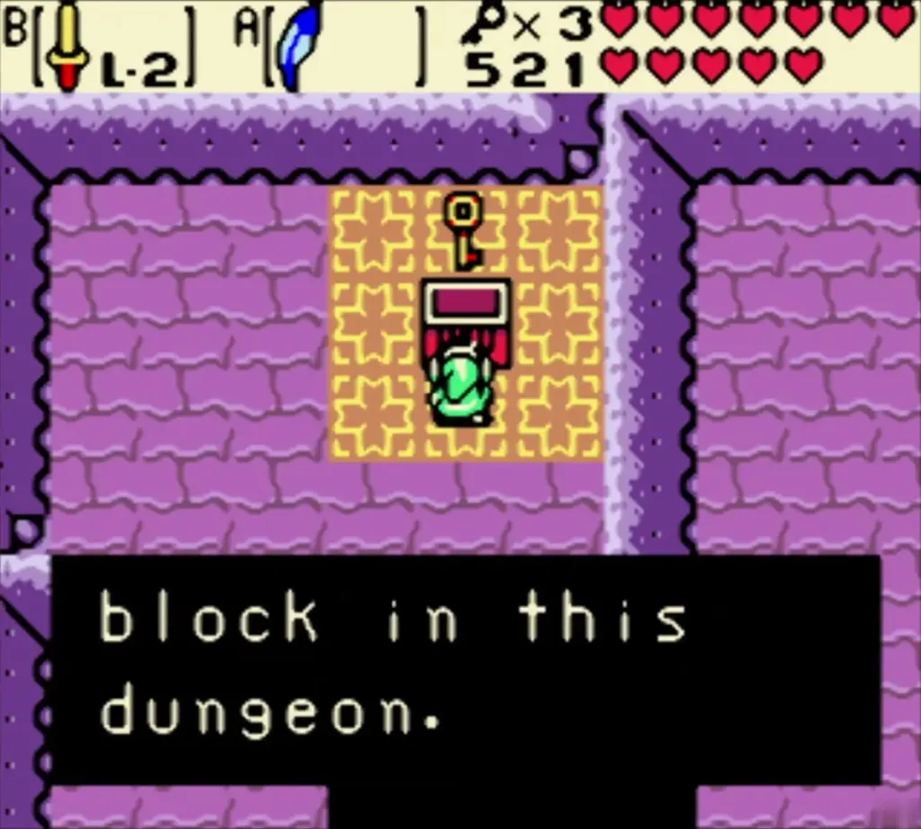 Link holding up a Small Key at the gold-tiled alcove, with the box ending in block in this dungeon Link holding up a Small Key at the gold-tiled alcove, with the box ending in block in this dungeon