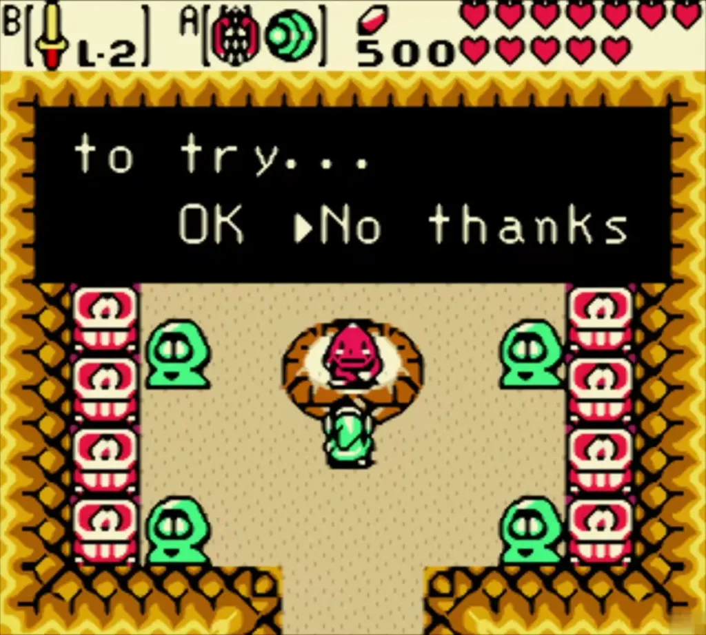 Goron host's prompt to try the dance, with the cursor on No thanks and Rupees at 500 Goron host's prompt to try the dance, with the cursor on No thanks and Rupees at 500