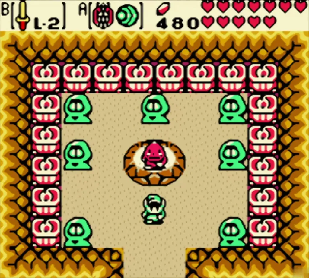 Link in the middle of the Goron Dance arena, copying the Gorons' steps Link in the middle of the Goron Dance arena, copying the Gorons' steps