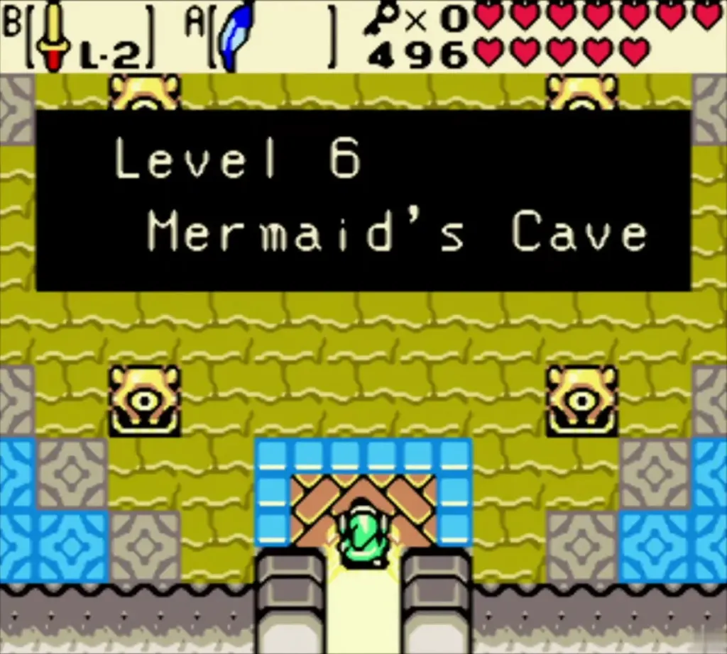 Title card reading Level 6 Mermaid's Cave as Link stands at the dungeon entrance Title card reading Level 6 Mermaid's Cave as Link stands at the dungeon entrance