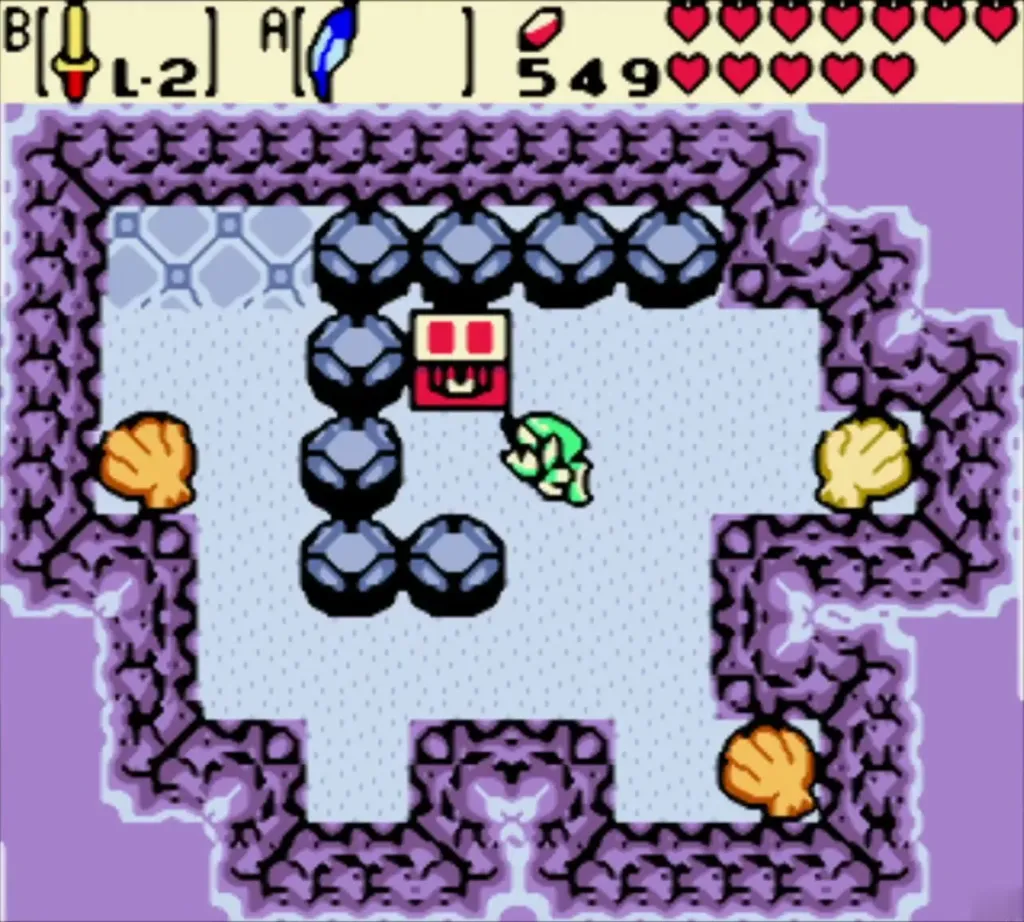 Link beside the red chest in the clam grotto, opening it for the ring Link beside the red chest in the clam grotto, opening it for the ring