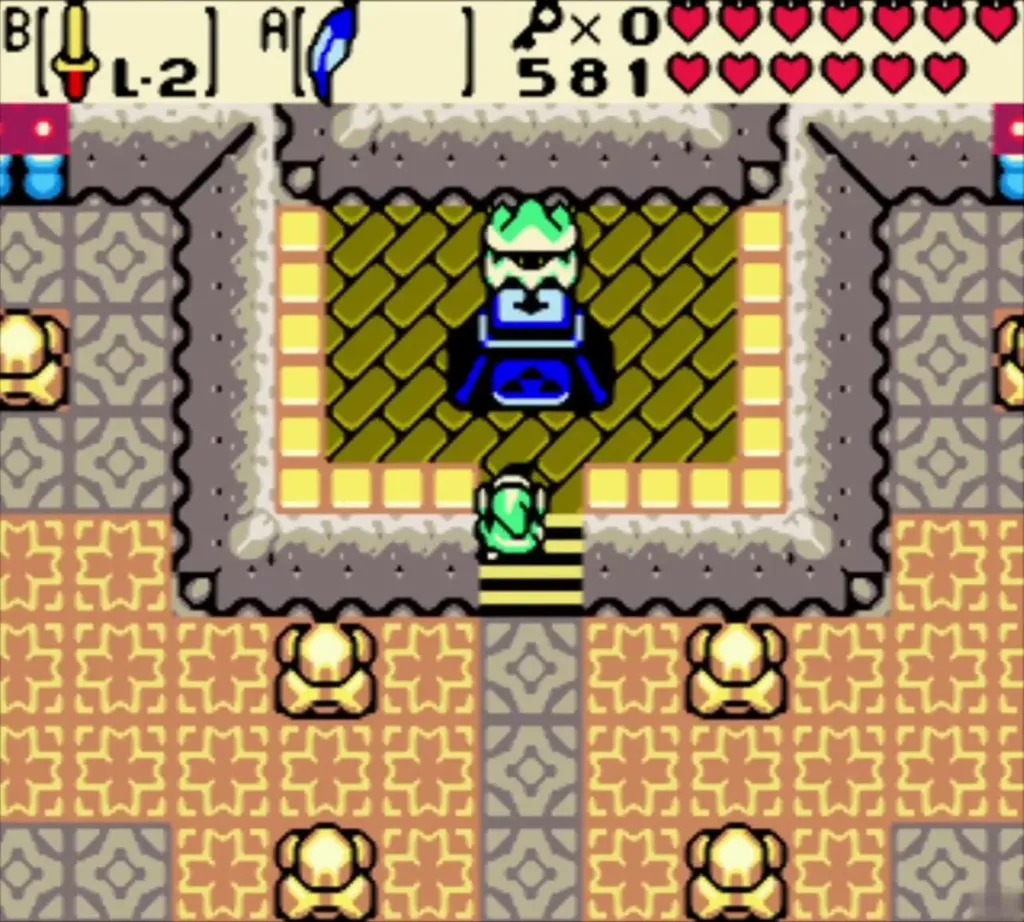 Link at the bottom of the stairs to the dark brick chamber, with a spirit on the dais above Link at the bottom of the stairs to the dark brick chamber, with a spirit on the dais above