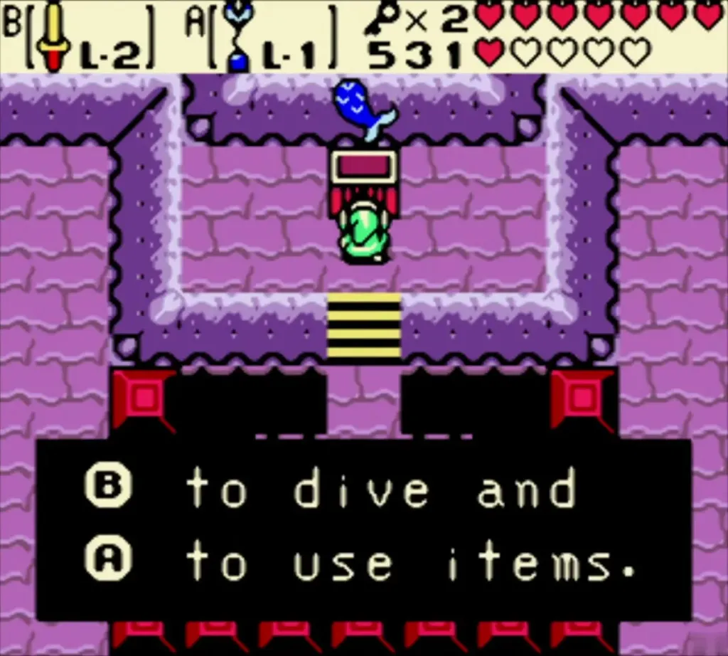 Link holding up the Mermaid Suit, with the item box ending B to dive and A to use items Link holding up the Mermaid Suit, with the item box ending B to dive and A to use items