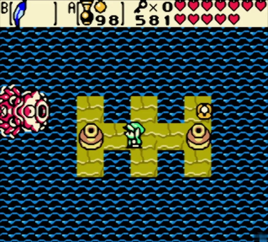 Octogon at the left edge of the screen while Link stands on the olive platform Octogon at the left edge of the screen while Link stands on the olive platform