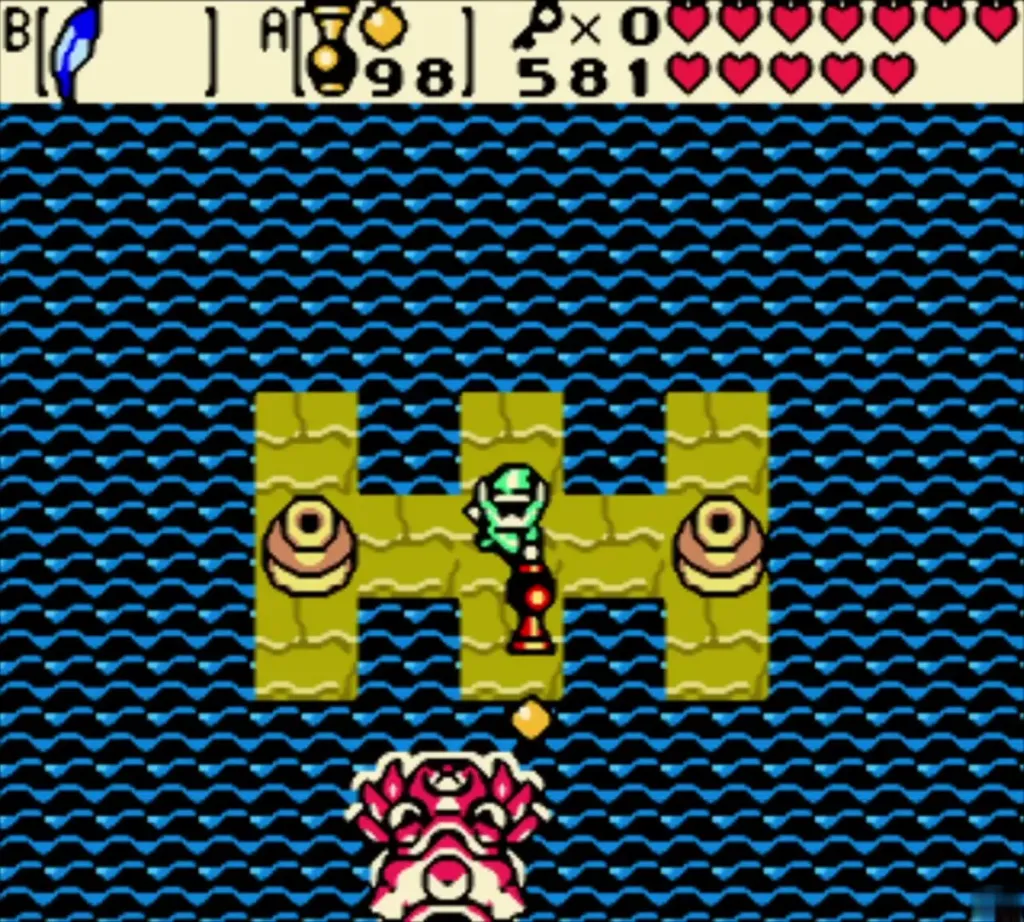 Link on the central olive platform in the dark-blue water room, with Octogon below the screen Link on the central olive platform in the dark-blue water room, with Octogon below the screen