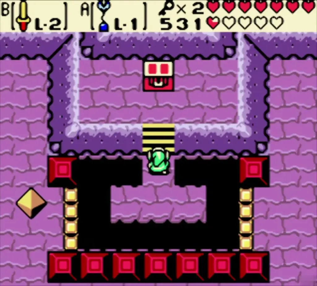 Link on the yellow stairs of the red-block room, climbing toward the pedestal with the chest Link on the yellow stairs of the red-block room, climbing toward the pedestal with the chest
