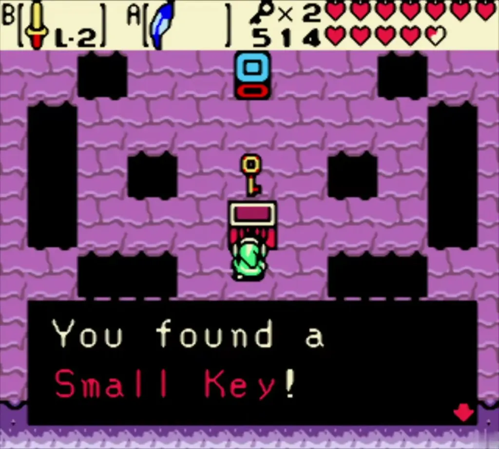 Link under the chest after the push-block puzzle, with the box reading You found a Small Key! Link under the chest after the push-block puzzle, with the box reading You found a Small Key!