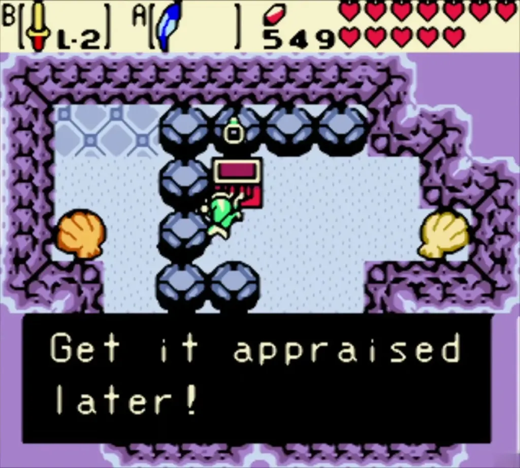 Message box reading Get it appraised later! as Link holds the ring in the clam grotto Message box reading Get it appraised later! as Link holds the ring in the clam grotto