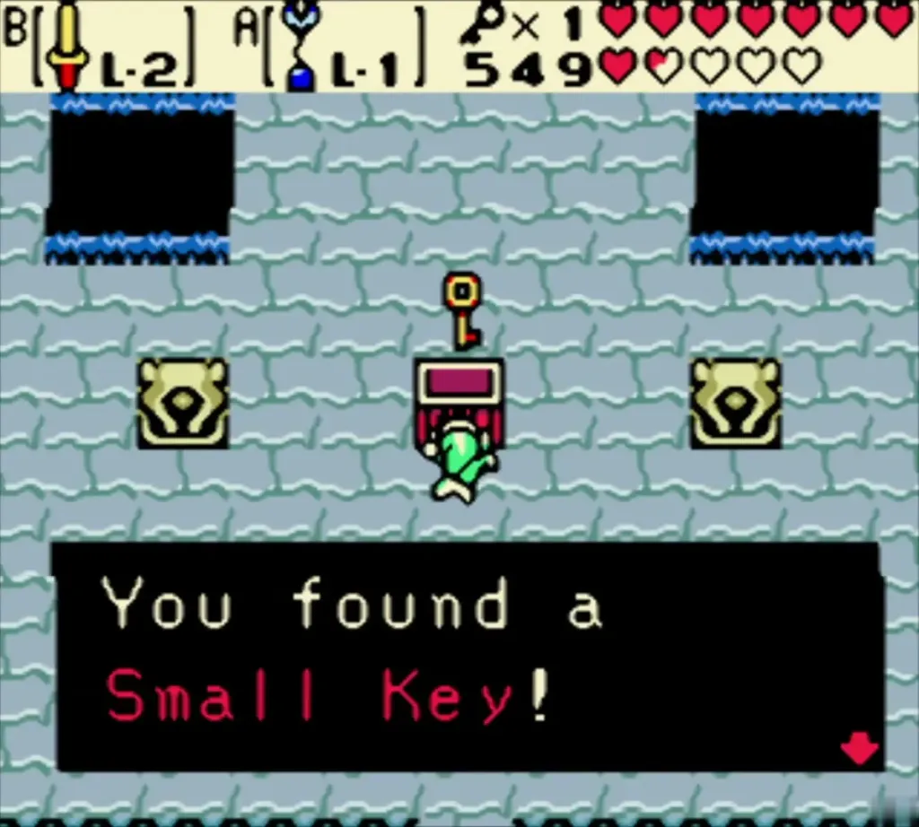 Link holding up a Small Key, with the box reading You found a Small Key! Link holding up a Small Key, with the box reading You found a Small Key!