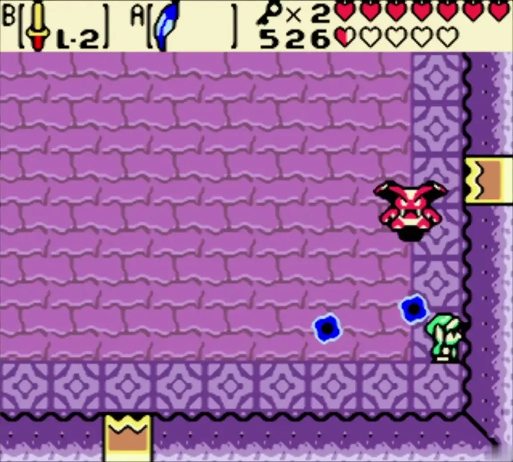 Vire hovering in the purple stone room while blue fireballs drift across the floor Vire hovering in the purple stone room while blue fireballs drift across the floor
