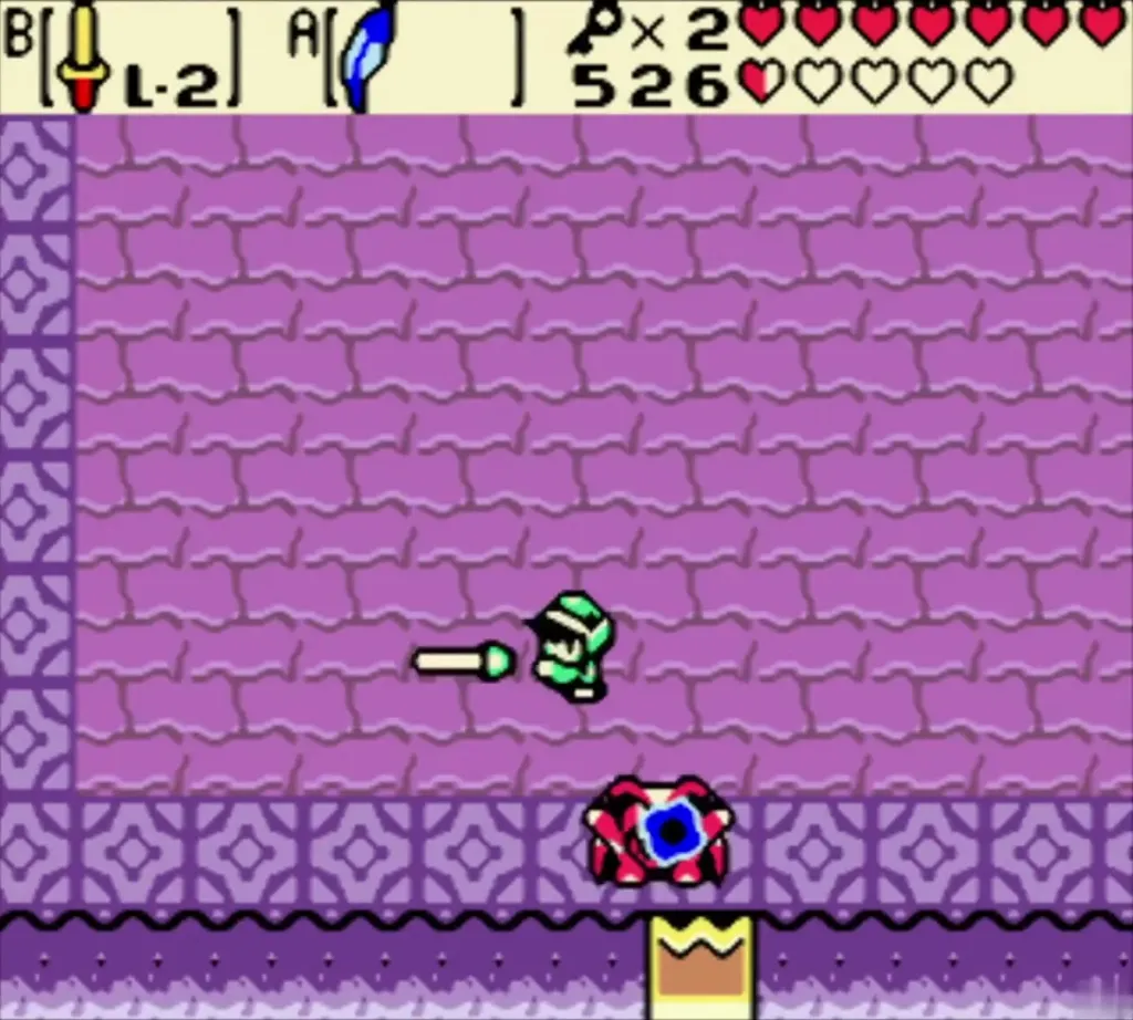 Link thrusting his sword at Vire near the bottom wall of the purple stone room Link thrusting his sword at Vire near the bottom wall of the purple stone room