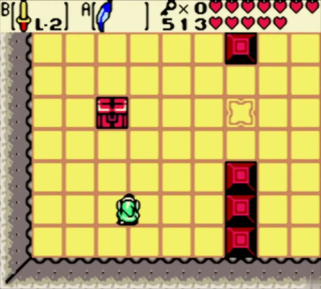 Link walking through the yellow brick room toward the chest that holds the Compass Link walking through the yellow brick room toward the chest that holds the Compass
