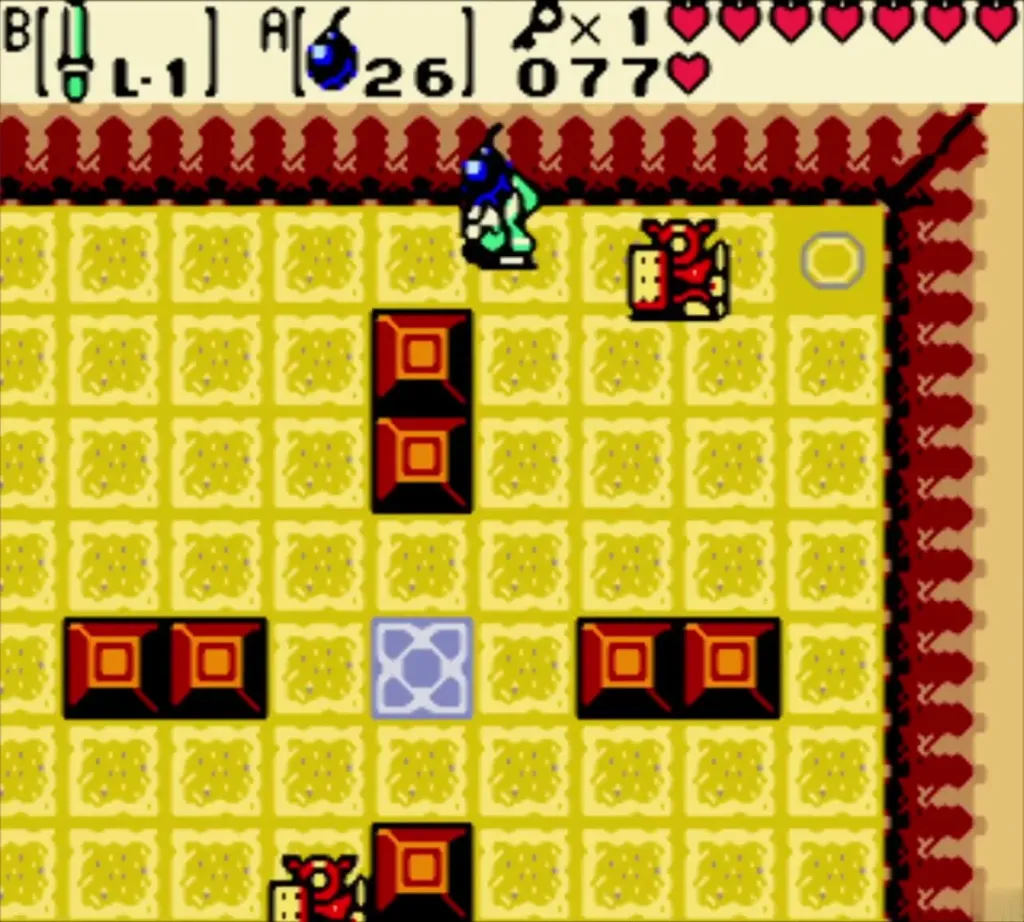 Link lighting a Bomb in the corner of the Armos room as the statues wake Link lighting a Bomb in the corner of the Armos room as the statues wake
