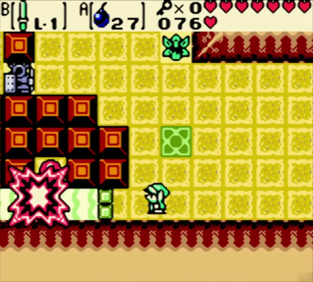 A Bomb exploding at the left of the room next to the red blocks while Link stands by A Bomb exploding at the left of the room next to the red blocks while Link stands by
