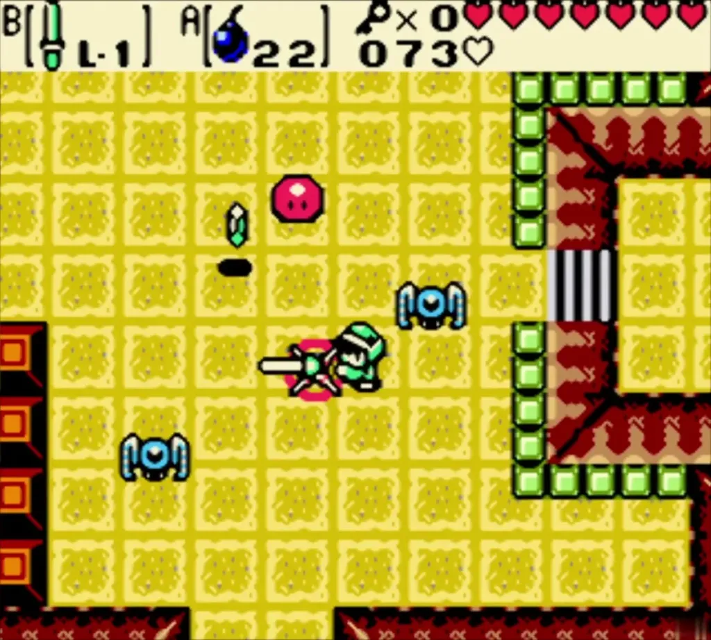 Link slashing a Zol while blue Tektites hop around the basement room Link slashing a Zol while blue Tektites hop around the basement room