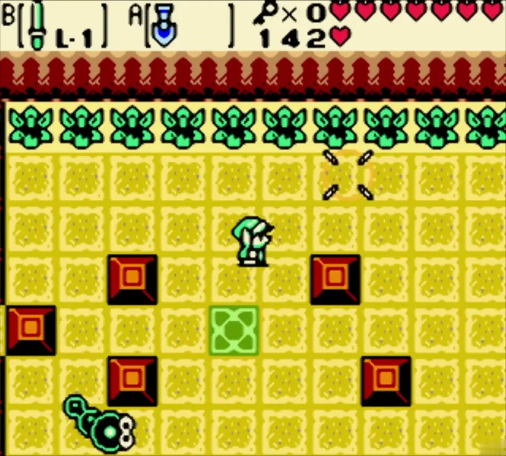 Link in the block room with a Mini-Moldorm and the green floor panel Link in the block room with a Mini-Moldorm and the green floor panel