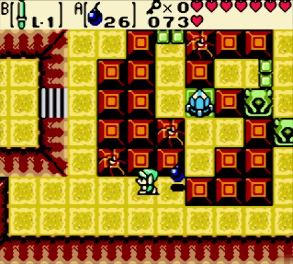 Link throwing a Bomb over a low fence toward the cracked blocks around the crystal Link throwing a Bomb over a low fence toward the cracked blocks around the crystal
