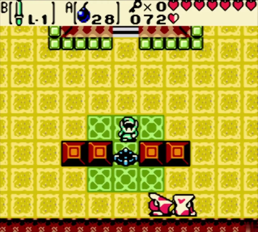 Link on green floor panels just above the first crystal, with red blocks on either side and two Iron Masks below Link on green floor panels just above the first crystal, with red blocks on either side and two Iron Masks below