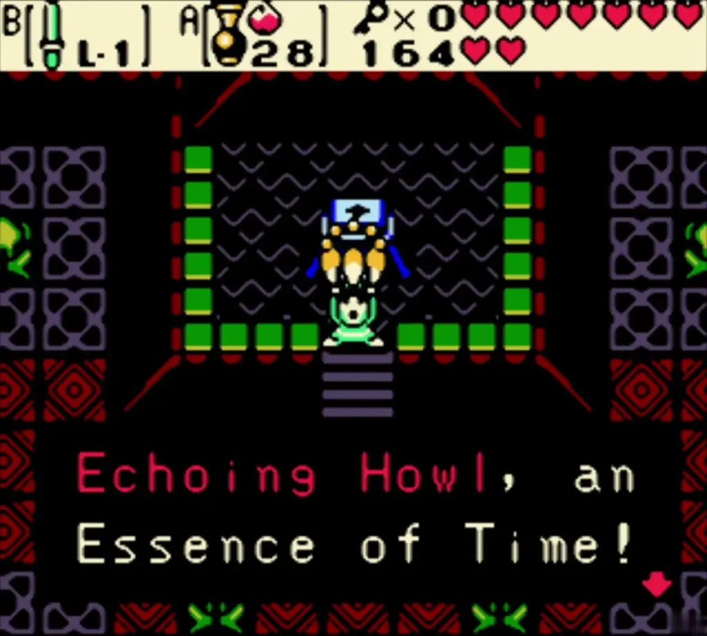Link holding up the Echoing Howl with the Essence of Time message shown Link holding up the Echoing Howl with the Essence of Time message shown