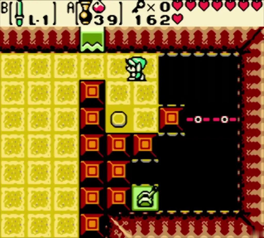 Link beside the round floor switch with red blocks in the east room and a second lever switch at the lower right Link beside the round floor switch with red blocks in the east room and a second lever switch at the lower right