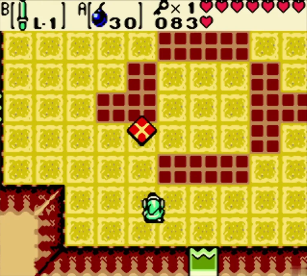A red Flying Tile floats above the red tile floor while Link waits at the bottom of the room A red Flying Tile floats above the red tile floor while Link waits at the bottom of the room