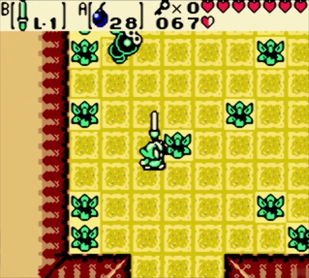 Link swinging his sword at a Mini-Moldorm among the bushes Link swinging his sword at a Mini-Moldorm among the bushes