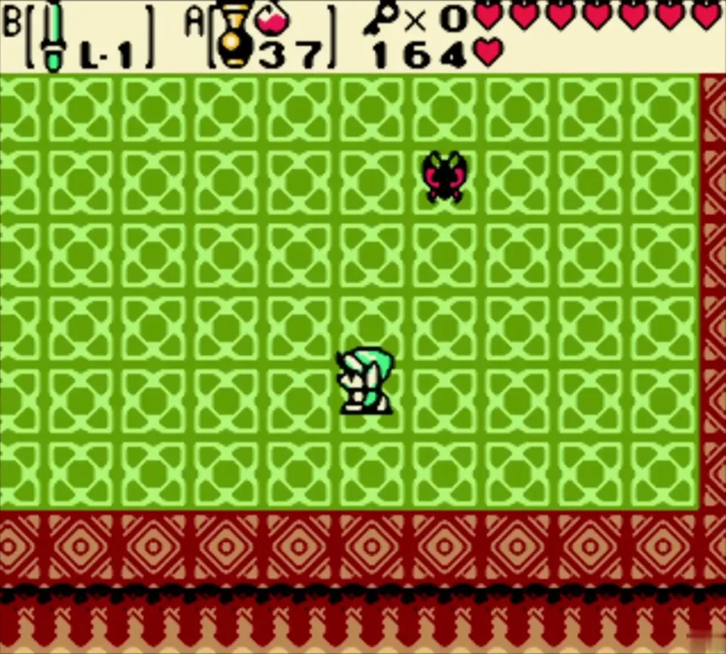 Link on the green floor with a moth drifting close after the shadows merge Link on the green floor with a moth drifting close after the shadows merge