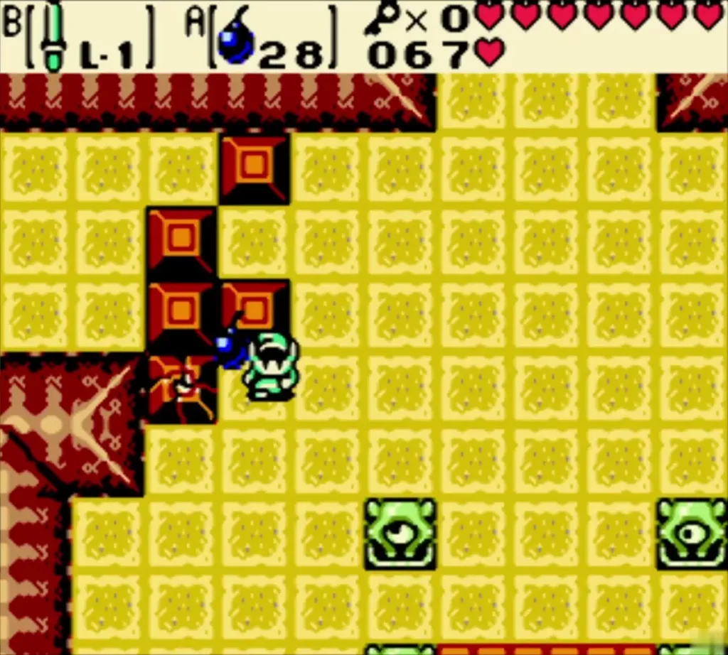 Link placing a Bomb beside the cracked red blocks near the entrance Link placing a Bomb beside the cracked red blocks near the entrance