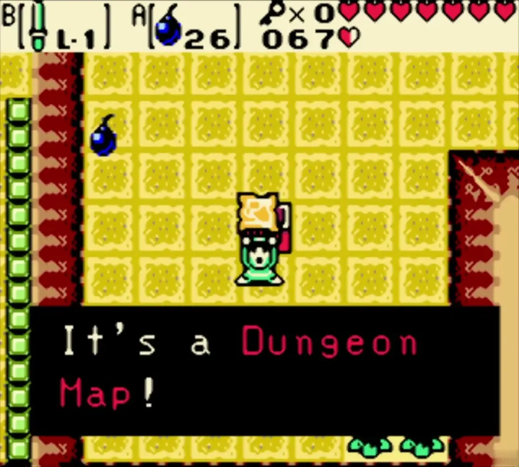 Link holding up the Dungeon Map with the message box reading "It's a Dungeon Map!" Link holding up the Dungeon Map with the message box reading "It's a Dungeon Map!"
