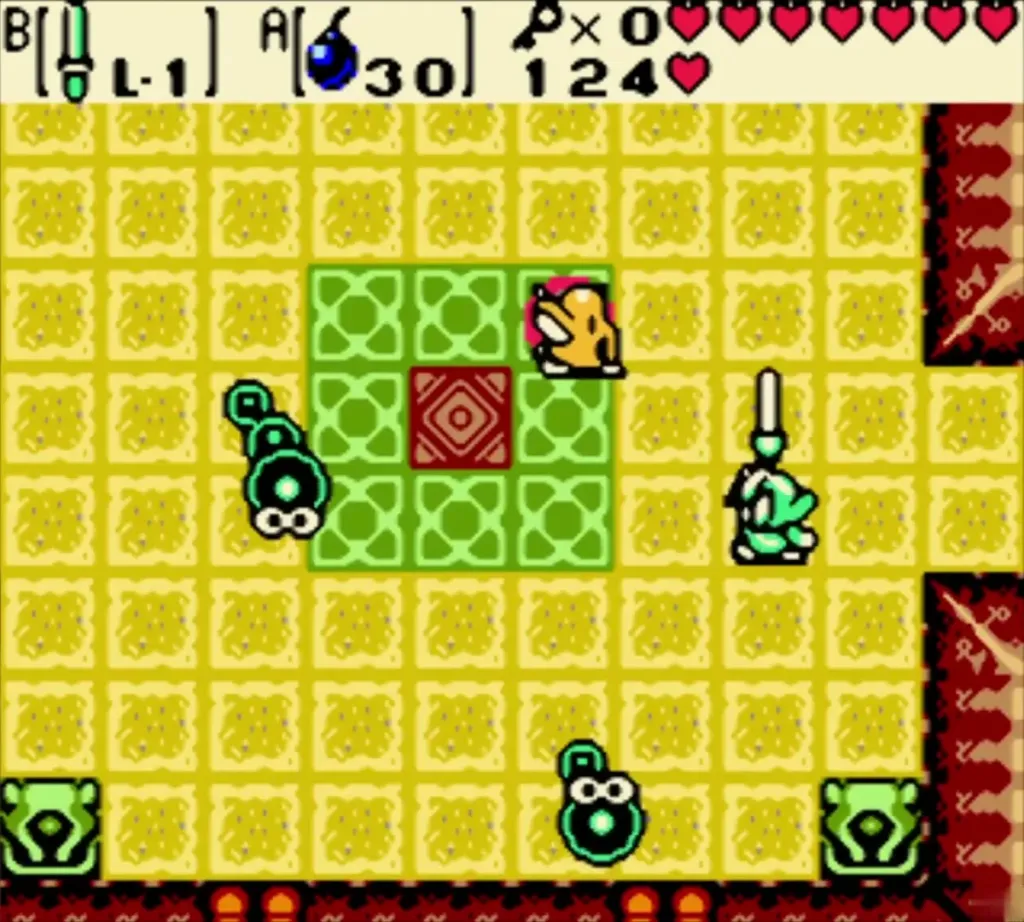 Link with sword raised near the green pad and the red diamond floor switch Link with sword raised near the green pad and the red diamond floor switch