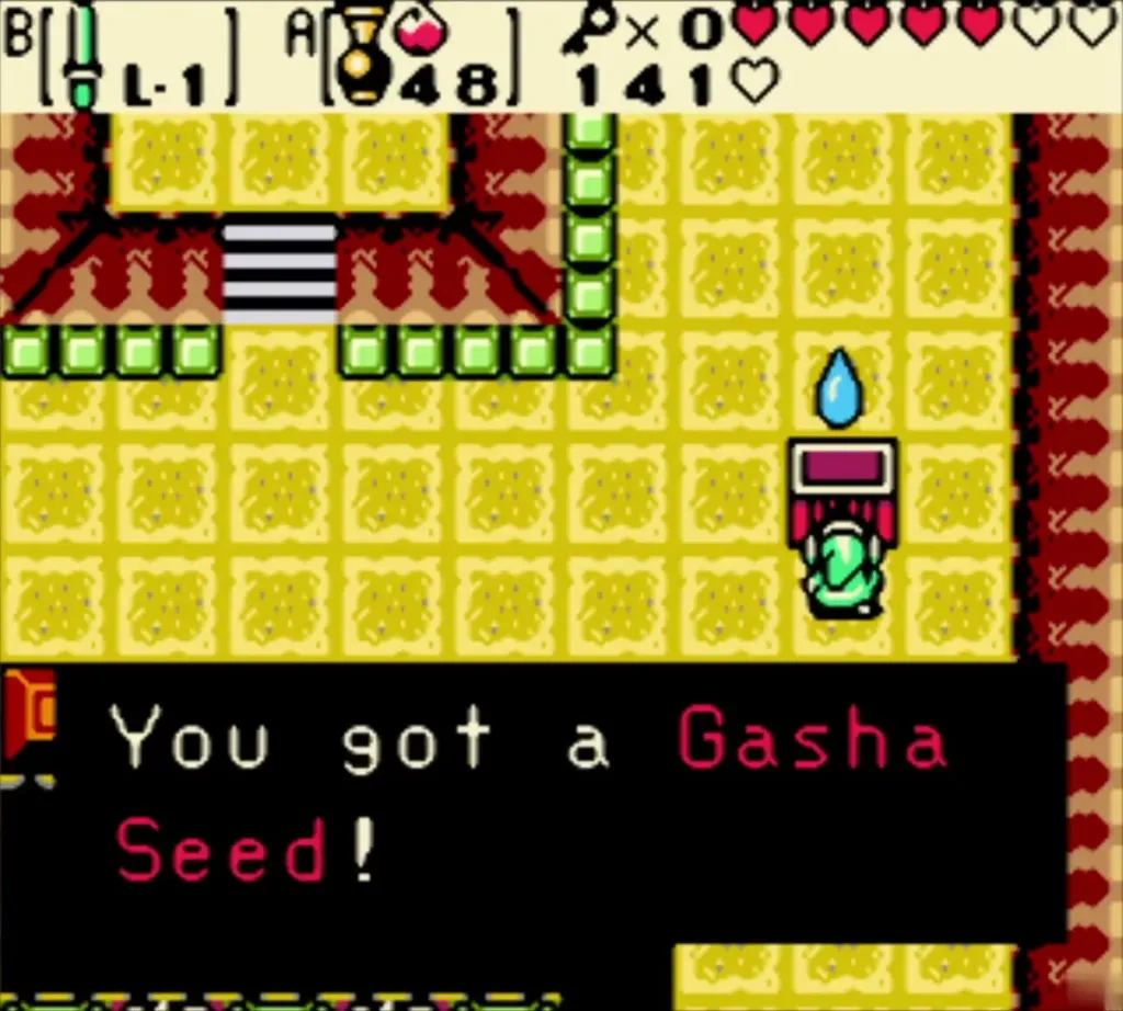 Link holding up the second Gasha Seed with its message box shown Link holding up the second Gasha Seed with its message box shown