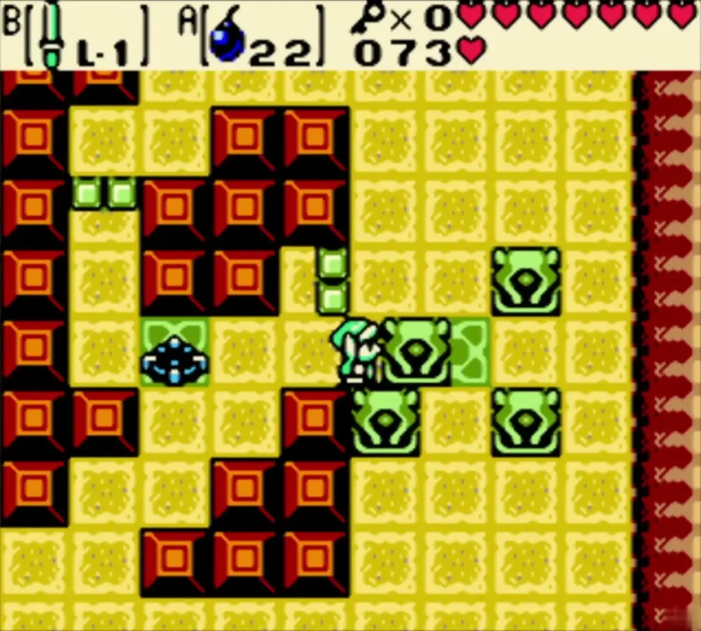Link pushing a statue across the green floor in the block room Link pushing a statue across the green floor in the block room