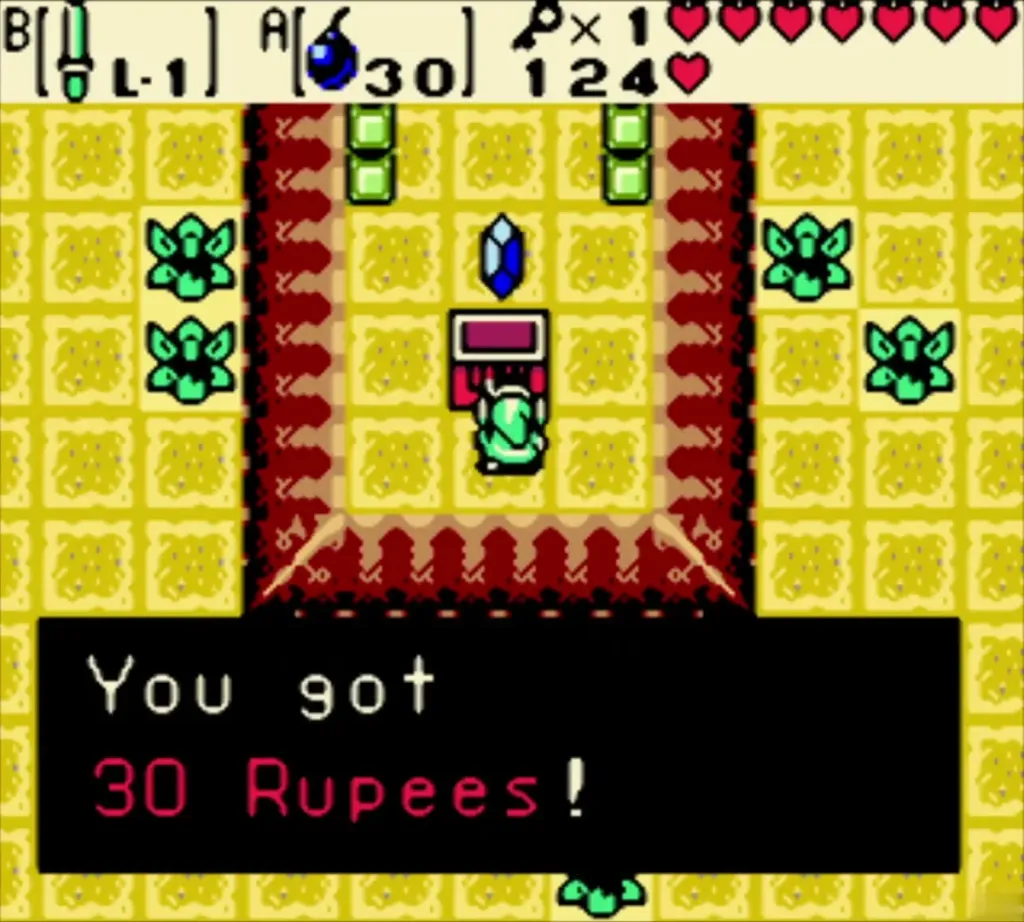 Link holding up 30 Rupees from the chest with the You got 30 Rupees message Link holding up 30 Rupees from the chest with the You got 30 Rupees message