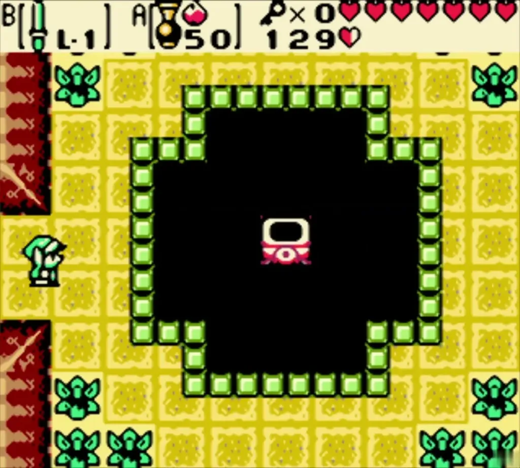 Link at the doorway aiming at the unlit torch in the middle of the dark room Link at the doorway aiming at the unlit torch in the middle of the dark room