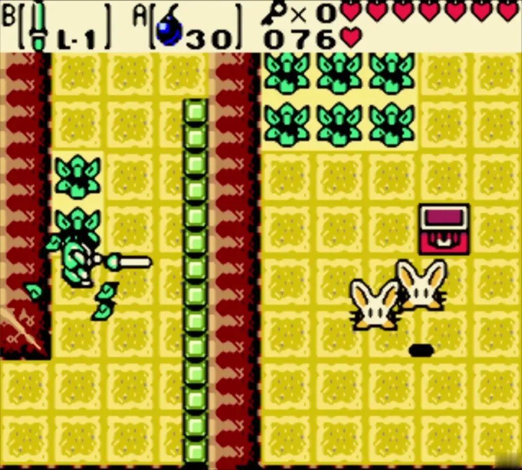 Link cutting grass in the west rooms with two Pols Voices and a chest nearby Link cutting grass in the west rooms with two Pols Voices and a chest nearby