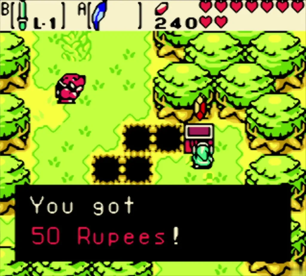 Link beside the open chest, the box reads You got 50 Rupees