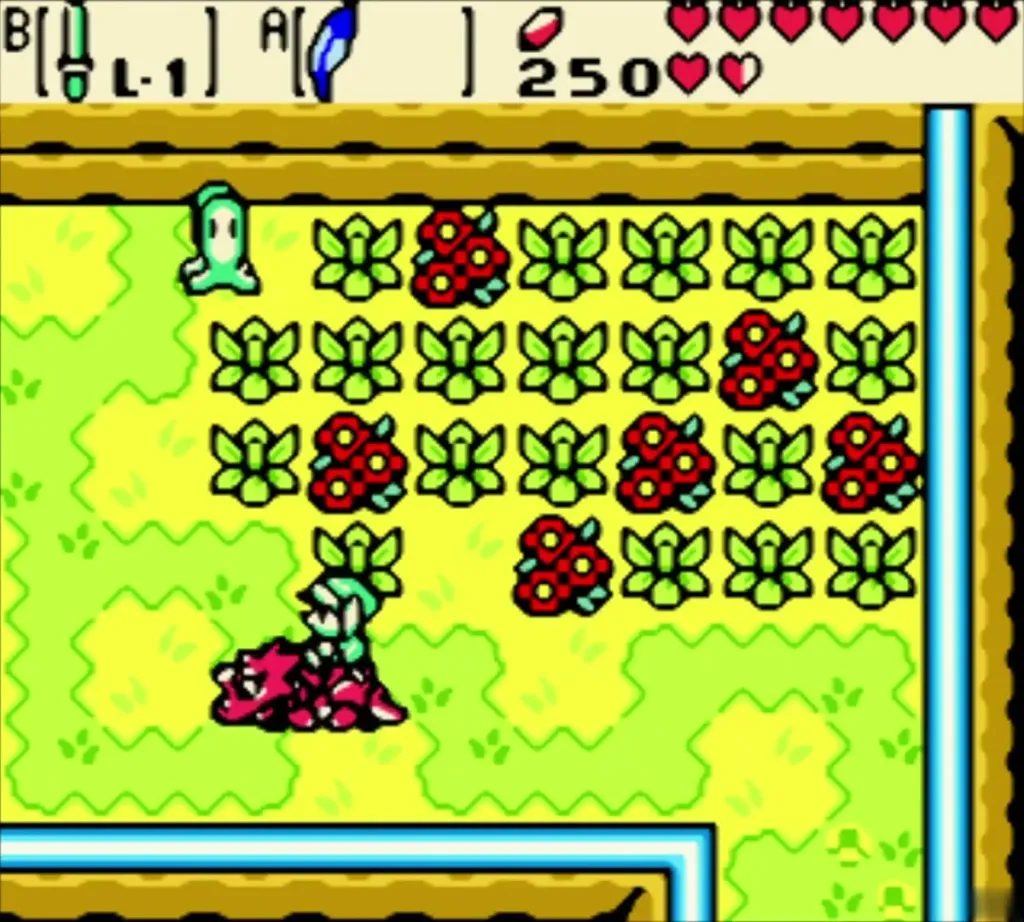 Link on Dimitri crossing a bank beside a field of flowers
