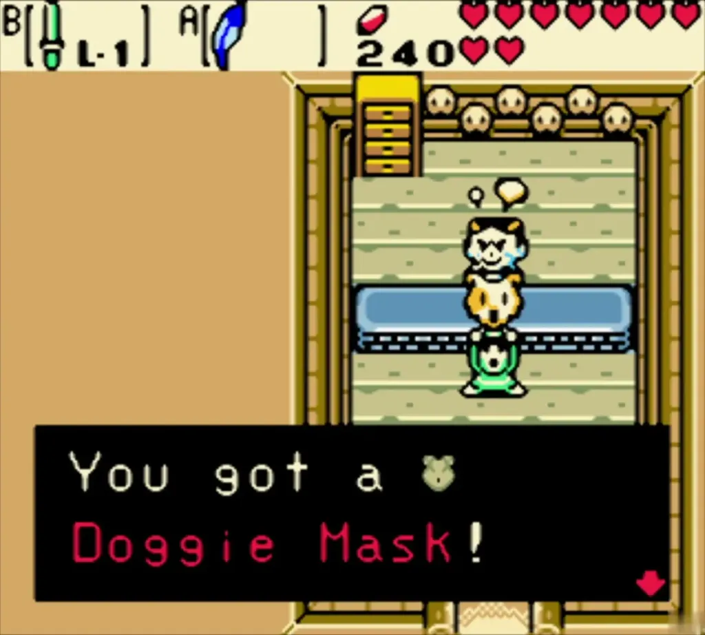 Link holding up the Doggie Mask, the box reads You got a Doggie Mask